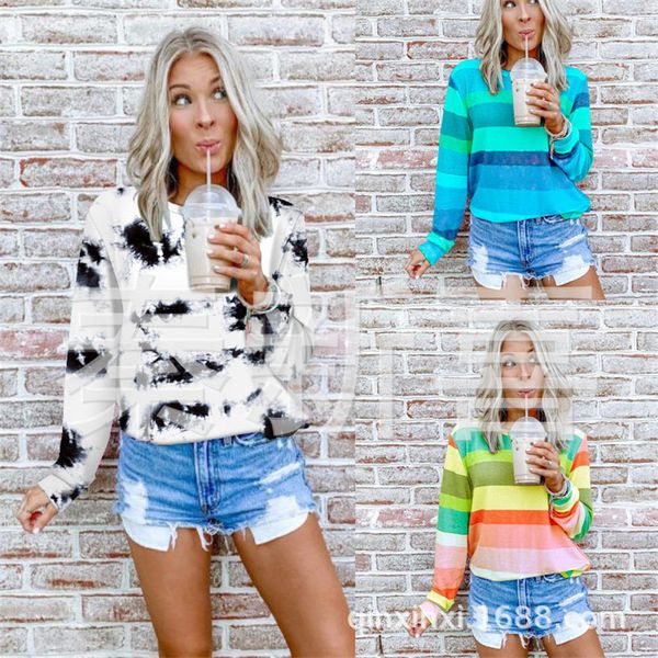 women's t-shirt womens designer tshirts tie-dye striped woman o-neck long sleeve loose spring autumn casual ladies tees, White
women's t-shirt womens designer tshirts tie-dye striped woman o-neck long sleeve loose spring autumn casual ladies tees, White