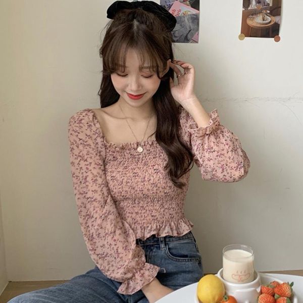chiffon shirt for women spring/summer retro korean style loose long sleeve elegant square-neck cinched slimming floral women's blouses, White
chiffon shirt for women spring/summer retro korean style loose long sleeve elegant square-neck cinched slimming floral women's blouses, White