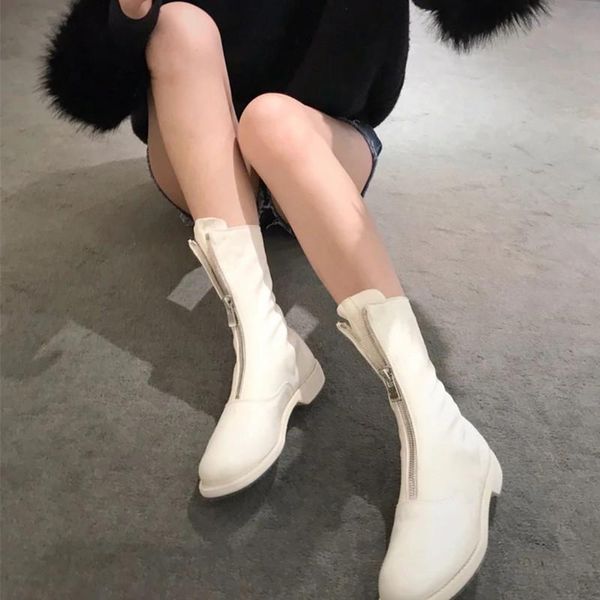 white front zipper boots women's fall/winter 2021 british style thick heel mid-boot flat bottom round head, Black
white front zipper boots women's fall/winter 2021 british style thick heel mid-boot flat bottom round head, Black