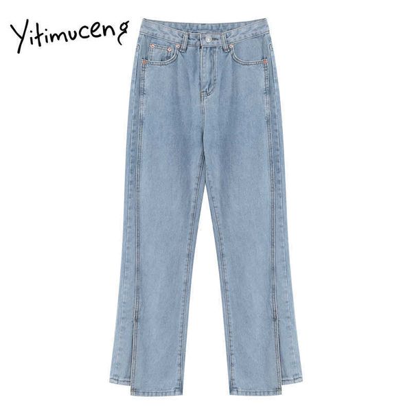 yitimuceng slit jeans for women plus size high waist straight denim pants mom button full length irregular comfortable clothes 210601, Blue
yitimuceng slit jeans for women plus size high waist straight denim pants mom button full length irregular comfortable clothes 210601, Blue