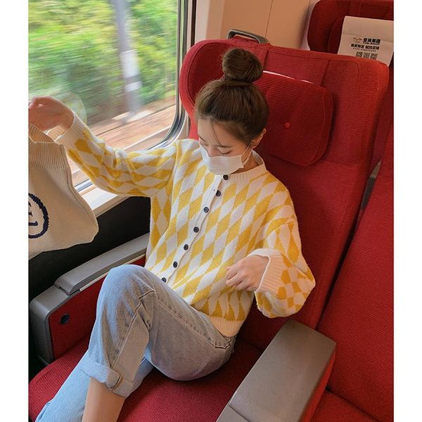 women's knits & tees cmazhit color diamond lattice sweater coat cardigan women's autumn 2021, White
women's knits & tees cmazhit color diamond lattice sweater coat cardigan women's autumn 2021, White