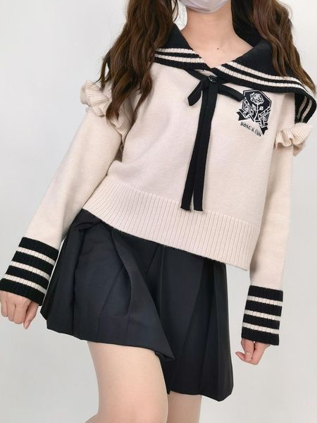 women's sweaters armed rose japanese preppy style lolita navy collar ruffle short knitted sweater soft waxy round neck pullover, White;black
women's sweaters armed rose japanese preppy style lolita navy collar ruffle short knitted sweater soft waxy round neck pullover, White;black