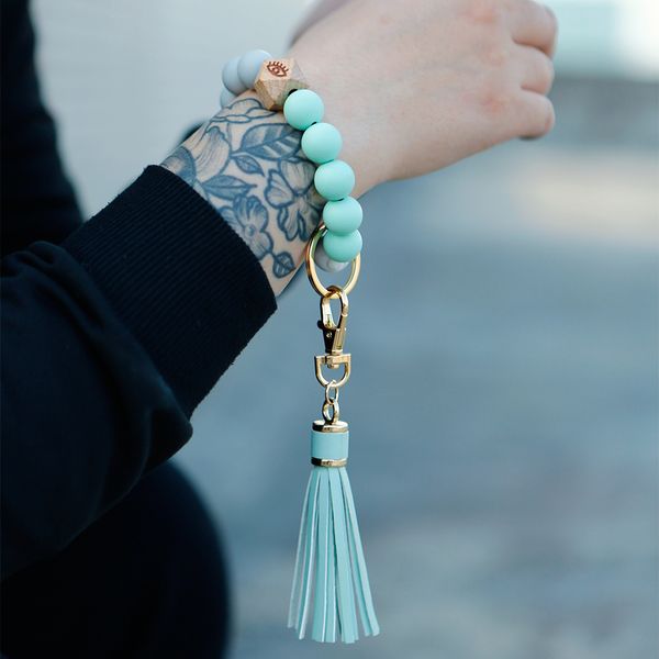 Folk Handmade Tassel Wooden Beads Silicone Beads Bracelet Key Ring Female Bracelet KeyChain