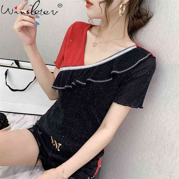 summer european style t-shirt fashion shiny diamonds mesh ruffles women short sleeve patchwork all match tees t14423a 210421, Black;gray
summer european style t-shirt fashion shiny diamonds mesh ruffles women short sleeve patchwork all match tees t14423a 210421, Black;gray