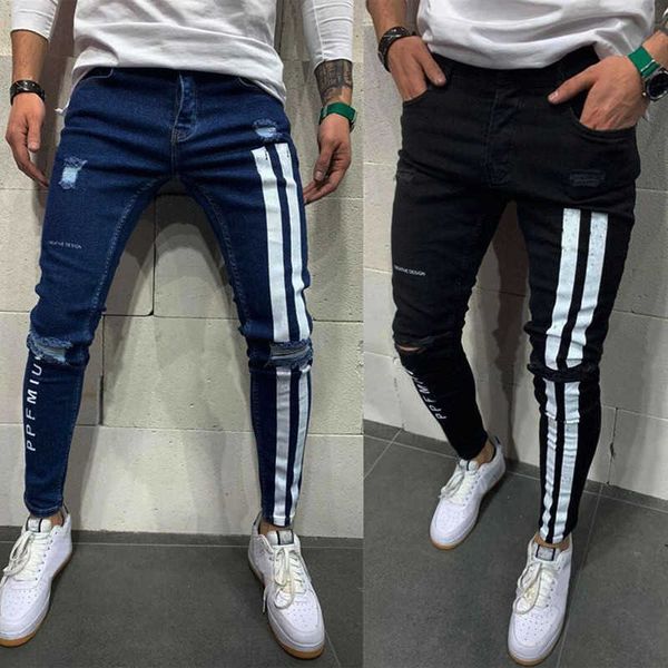 men's slim ripped jeans biker motorcycle hip-hop pencil pants side stripe letter printing streetwearjogging denim costume x0621, Blue
men's slim ripped jeans biker motorcycle hip-hop pencil pants side stripe letter printing streetwearjogging denim costume x0621, Blue
