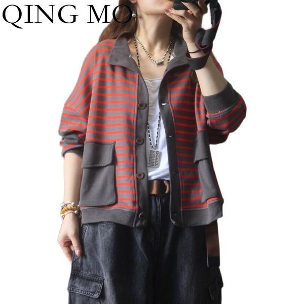 women's jackets qing mo autumn fashion striped short jacket women loose and thin stitching pockets 2021 trend cardigan yellow zwl613, Black;brown
women's jackets qing mo autumn fashion striped short jacket women loose and thin stitching pockets 2021 trend cardigan yellow zwl613, Black;brown