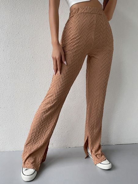 split hem textured high waist pants k9nf#, Black;white