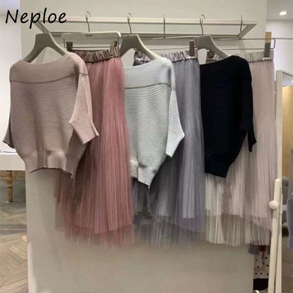neploe casual soft 2 pcs women set batwing sleeve pullover sweaters chic chiffon mesh patchwork skirts spring suit 210510, White 
neploe casual soft 2 pcs women set batwing sleeve pullover sweaters chic chiffon mesh patchwork skirts spring suit 210510, White