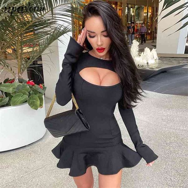 women hollow bandage dress elegant o-neck long sleeve bodycon ruffled mini club night party vestido 210524, Black;gray
women hollow bandage dress elegant o-neck long sleeve bodycon ruffled mini club night party vestido 210524, Black;gray