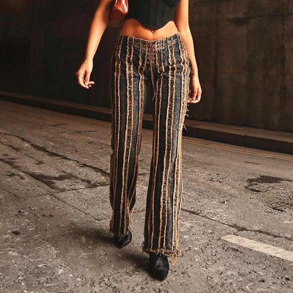 women's jeans 80% s lace up straight pants women rough selvedge stripes denim trousers for street, Blue
women's jeans 80% s lace up straight pants women rough selvedge stripes denim trousers for street, Blue