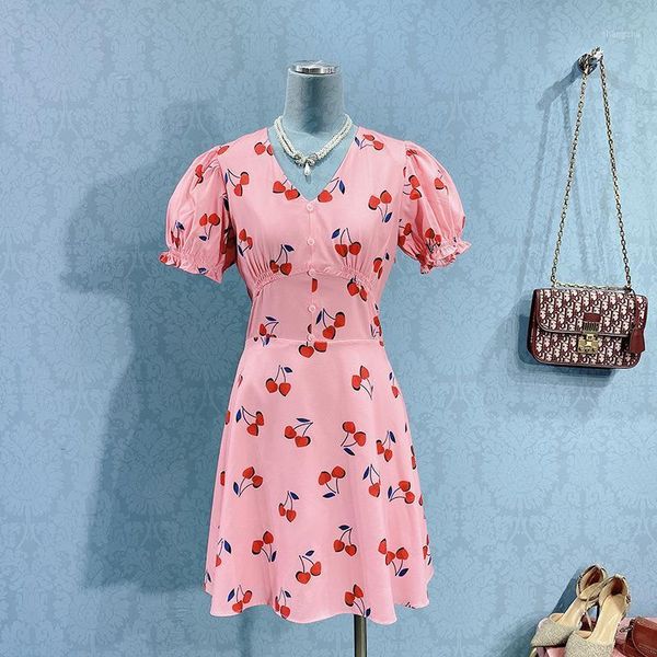casual dresses summer sweet peach pink cherry print retro french chic one piece dress short puff sleeve classy robe vestido, Black;gray 
casual dresses summer sweet peach pink cherry print retro french chic one piece dress short puff sleeve classy robe vestido, Black;gray