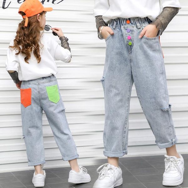 jeans street children clothes girls color button back patch pockets ripped kid preteen hole denim straight-leg pants, Blue
jeans street children clothes girls color button back patch pockets ripped kid preteen hole denim straight-leg pants, Blue