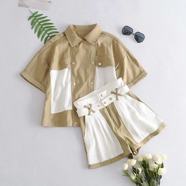 shorts women summer suits two piece set contrast color short sleeves shirt & wide shorts, White;black
shorts women summer suits two piece set contrast color short sleeves shirt & wide shorts, White;black