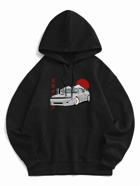 romwe guys car japanese print hoodie r17s#, Black