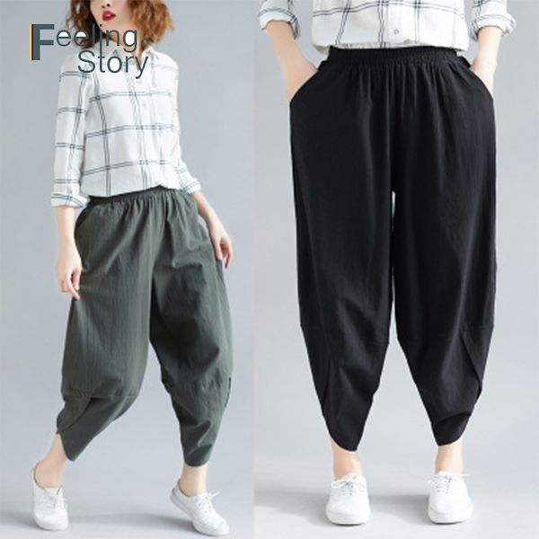 plus size baggy pants women cotton linen trousers elastic waist summer harem pants with pockets solid casual turnip pantalon 210603, Black;white
plus size baggy pants women cotton linen trousers elastic waist summer harem pants with pockets solid casual turnip pantalon 210603, Black;white