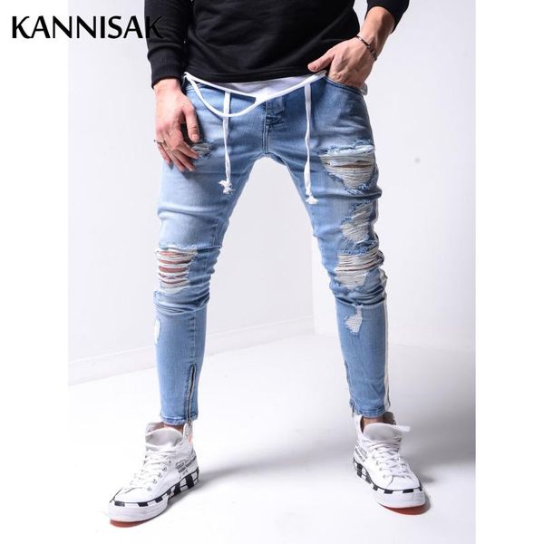 men's jeans kannisak ripped men slim fit zipper feet fashion street wear side stripe denim pencil casual skinny mens trousers, Blue
men's jeans kannisak ripped men slim fit zipper feet fashion street wear side stripe denim pencil casual skinny mens trousers, Blue