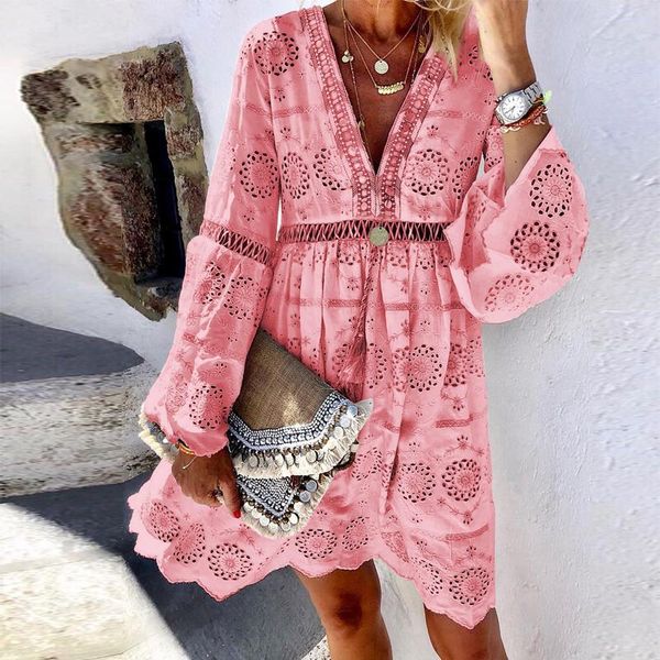 casual dresses spring summer elegant hollow out lace beach dress women v-neck loose a-line long sleeve party vestidos