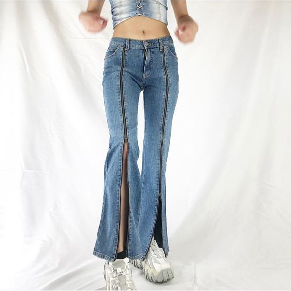 women's jeans metal zipper split hem women girls mid waist casual party street little flared pants fitting trendy wild trousers, Blue
women's jeans metal zipper split hem women girls mid waist casual party street little flared pants fitting trendy wild trousers, Blue