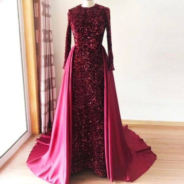elegant sequined and satin dresses evening wear jewel neck long sleeves prom gowns sweep train mermaid overskirt formal dress, Black;red
elegant sequined and satin dresses evening wear jewel neck long sleeves prom gowns sweep train mermaid overskirt formal dress, Black;red