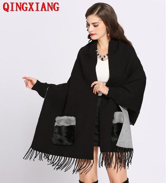 scarves 2021 female oversize capes winter faux cashmere tassel knitted poncho black grey fur pocket women long sleeve wrap vintage shawl, Blue;gray
scarves 2021 female oversize capes winter faux cashmere tassel knitted poncho black grey fur pocket women long sleeve wrap vintage shawl, Blue;gray