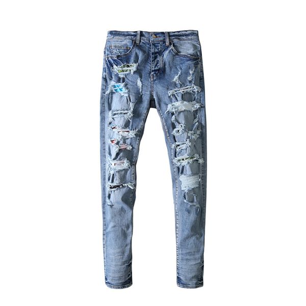 men ripped rainbow patch jeans straight elastic casual hip hop denim trousers streetwear pencill pants, Blue
men ripped rainbow patch jeans straight elastic casual hip hop denim trousers streetwear pencill pants, Blue