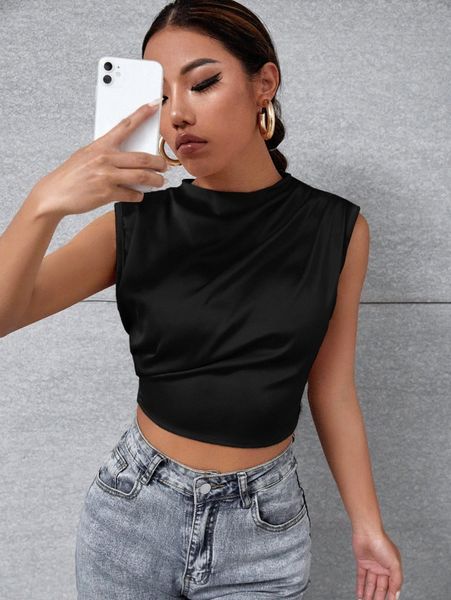 mock neck crop satin tank c92w#, White