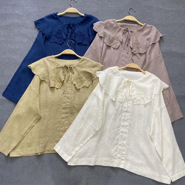 women's blouses & shirts johnature vintage linen embroidery ruffles collar womens and 2021 autumn solid color loose tie female, White
women's blouses & shirts johnature vintage linen embroidery ruffles collar womens and 2021 autumn solid color loose tie female, White