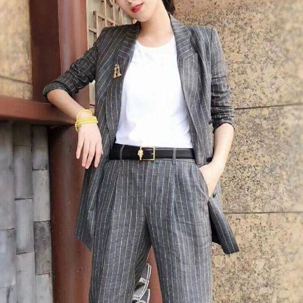 women's suits & blazers professional amashite 2021 spring and autumn striped linen korean loose casual suit, White;black
women's suits & blazers professional amashite 2021 spring and autumn striped linen korean loose casual suit, White;black