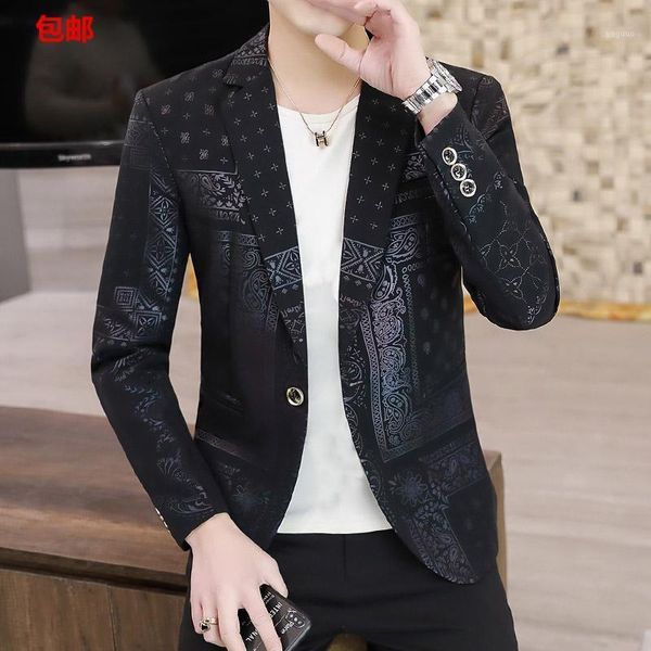 men's suits & blazers coco 2022 spring printed suit youth retro pattern slim handsome blazer, White;black 
men's suits & blazers coco 2022 spring printed suit youth retro pattern slim handsome blazer, White;black