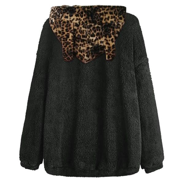 women's hoodies & sweatshirts winter clothes women fuzzy fleece leopard sweatshirt cute-ear long sleeve causal hoodie kawaii, Black