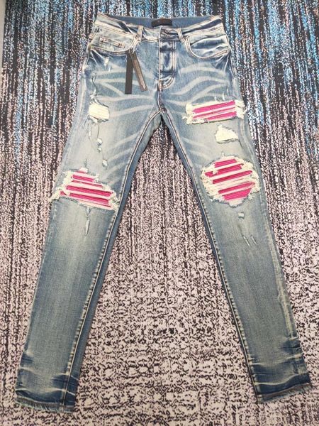men's jeans correct quality high street cashew flower pink patchwork holes made old wash slim fit stretch men, Blue
men's jeans correct quality high street cashew flower pink patchwork holes made old wash slim fit stretch men, Blue