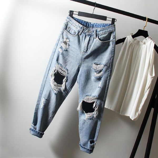 women's jeans ripped hole for women plus size denim pants elastic high waist female straight boyfriend q2583, Blue
women's jeans ripped hole for women plus size denim pants elastic high waist female straight boyfriend q2583, Blue