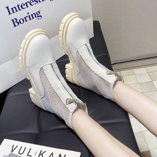 women's boots leather mesh zipper spring summer round toe square high-heeled shoes sandals, Black
women's boots leather mesh zipper spring summer round toe square high-heeled shoes sandals, Black