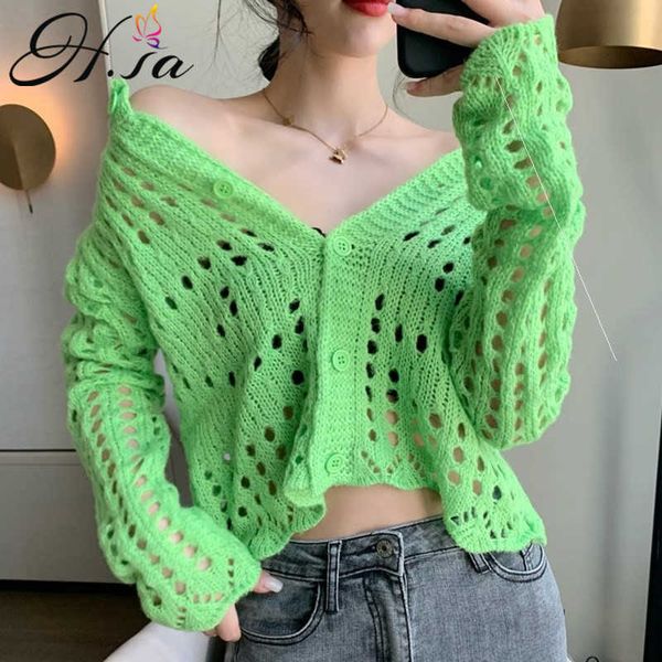 h.sa green hollow out knitted cardigan v neck crop spring short long sleeve camis ribbed suit 210716, White;black
h.sa green hollow out knitted cardigan v neck crop spring short long sleeve camis ribbed suit 210716, White;black