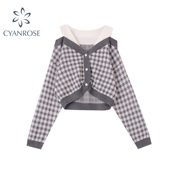 autumn vintage plaid cardigan sweater women fake two piece short knitted v-neck long sleeve woman jumper knitwear crop 210417, White;black
autumn vintage plaid cardigan sweater women fake two piece short knitted v-neck long sleeve woman jumper knitwear crop 210417, White;black