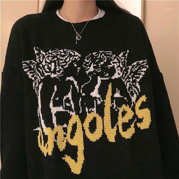 women's sweaters harajuku long-sleeved knitted sweater angel letter men and women jacquard college style loose lazy pullover, White;black
women's sweaters harajuku long-sleeved knitted sweater angel letter men and women jacquard college style loose lazy pullover, White;black