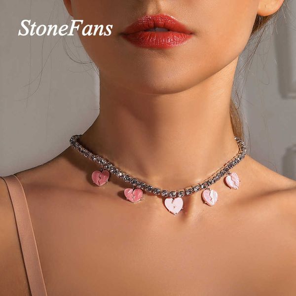 designer necklace luxury jewelry stonefans statement pink resin heart choker for women hip hop rhinestone tennis chain collar jewellery, Silver