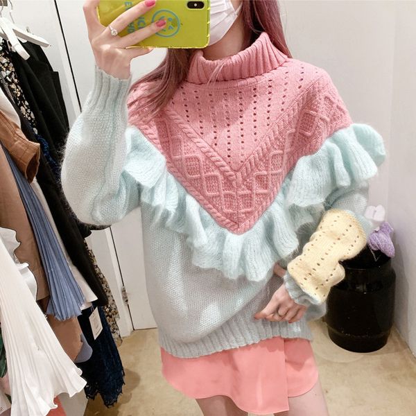 sweaters sweet age reduction contrast color ruffled stitching turtleneck autumn and winter wild long-sleeved sweater, White;black
sweaters sweet age reduction contrast color ruffled stitching turtleneck autumn and winter wild long-sleeved sweater, White;black