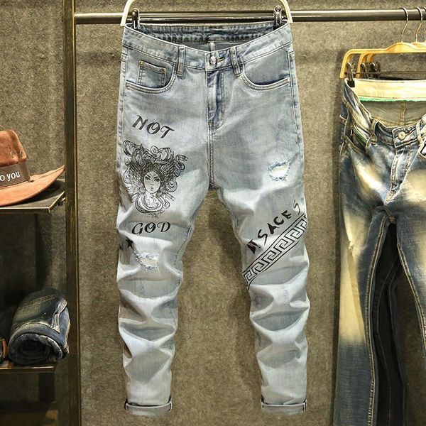 men's jeans spring light-colored hole-jeans fine male fashion fit-affiliated korean pants washed-out printing strain, Blue
men's jeans spring light-colored hole-jeans fine male fashion fit-affiliated korean pants washed-out printing strain, Blue