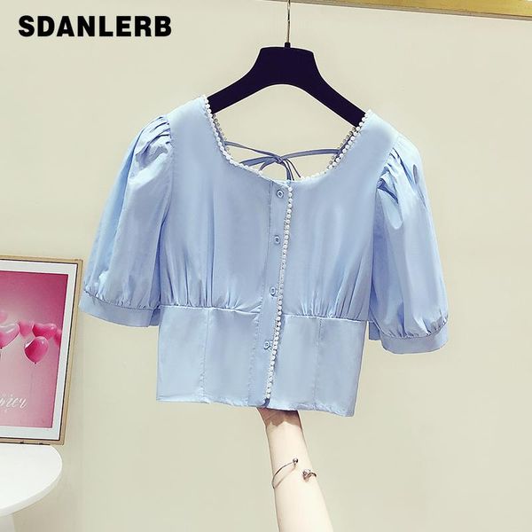women's blouses & shirts beaded puff sleeve short shirt for women 2021 summer fashionable backless lace up slim fit all-match top, White
women's blouses & shirts beaded puff sleeve short shirt for women 2021 summer fashionable backless lace up slim fit all-match top, White