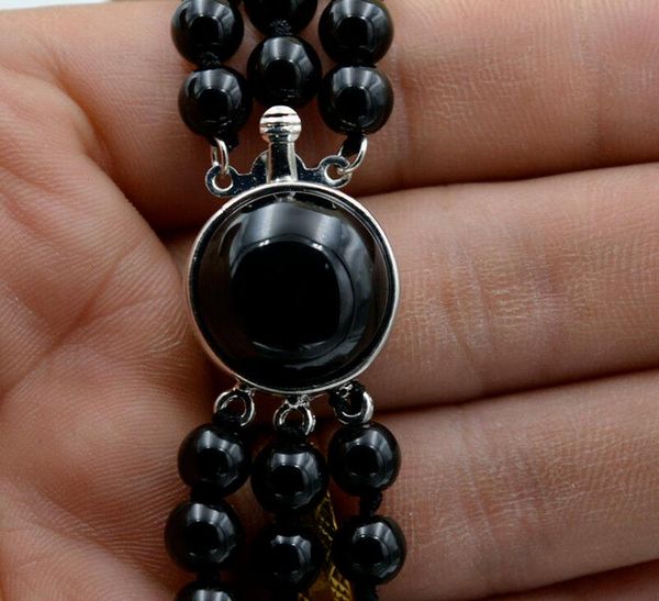 charming 3 rows 6mm black onyx gemstone necklace 17-19" chains, Silver
