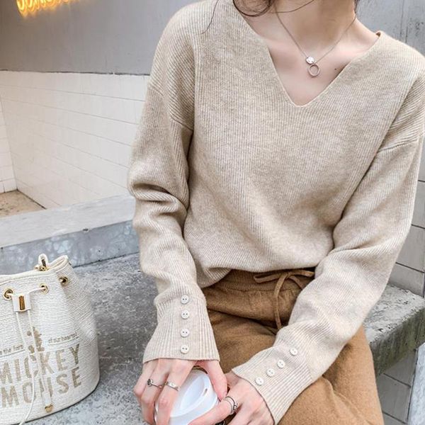 women's sweaters autumn winter korean knitted sweater women buttons loose v neck long sleeve vintage casual pullover knitwear office la, White;black
women's sweaters autumn winter korean knitted sweater women buttons loose v neck long sleeve vintage casual pullover knitwear office la, White;black