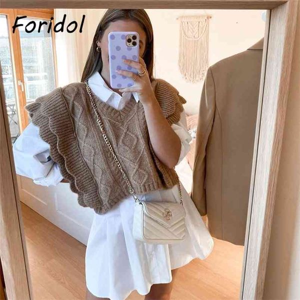knitted sweater vest women ruffle vintage sleeveless v neck brown waistcoat thick autumn winter twist pullover 210427, White;black 
knitted sweater vest women ruffle vintage sleeveless v neck brown waistcoat thick autumn winter twist pullover 210427, White;black
