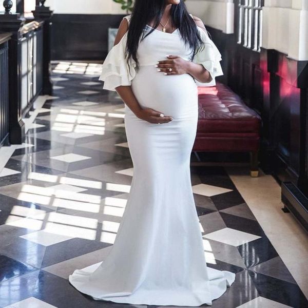 women's stretch maternity dress maxi short sleeve bodycon ruffled one-piece long pregnant formal dresses party, White 
women's stretch maternity dress maxi short sleeve bodycon ruffled one-piece long pregnant formal dresses party, White