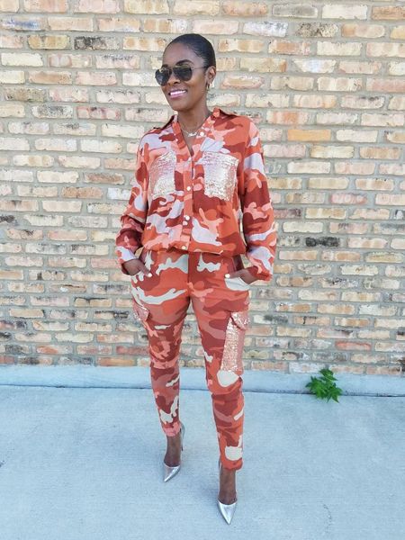 women's two piece pants chocomist two-pieces fashion casual camo sequins women set, White
women's two piece pants chocomist two-pieces fashion casual camo sequins women set, White
