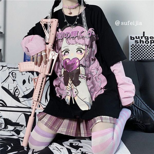 women's t-shirt harajuku cute cartoon anime casual loose fake two-piece sweet girl print women streetwear pink long-sleev stitching, White
women's t-shirt harajuku cute cartoon anime casual loose fake two-piece sweet girl print women streetwear pink long-sleev stitching, White