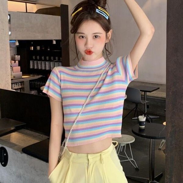 women's t-shirt summer cute contrast stripe short knit sleeve thin small turtleneck, White
women's t-shirt summer cute contrast stripe short knit sleeve thin small turtleneck, White