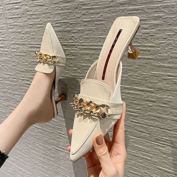 baotou slippers women's summer pointed chain sandals fashion comfortable thin high-heeled, Black