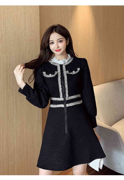 2021 a line black autumn winter vintage korean zipper women elegant lace patchwork tweed dress party long sleeve runway vestidos, Black;gray
2021 a line black autumn winter vintage korean zipper women elegant lace patchwork tweed dress party long sleeve runway vestidos, Black;gray