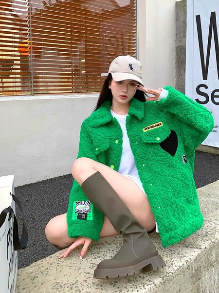 women's wool & blends lamb hair labeled loose all-match coat green woolen fashionable motorcycle style women, Black
women's wool & blends lamb hair labeled loose all-match coat green woolen fashionable motorcycle style women, Black